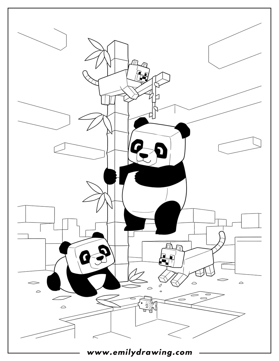 Simple sketch of minecraft Animals Pandas And Cats playing and climbing to color