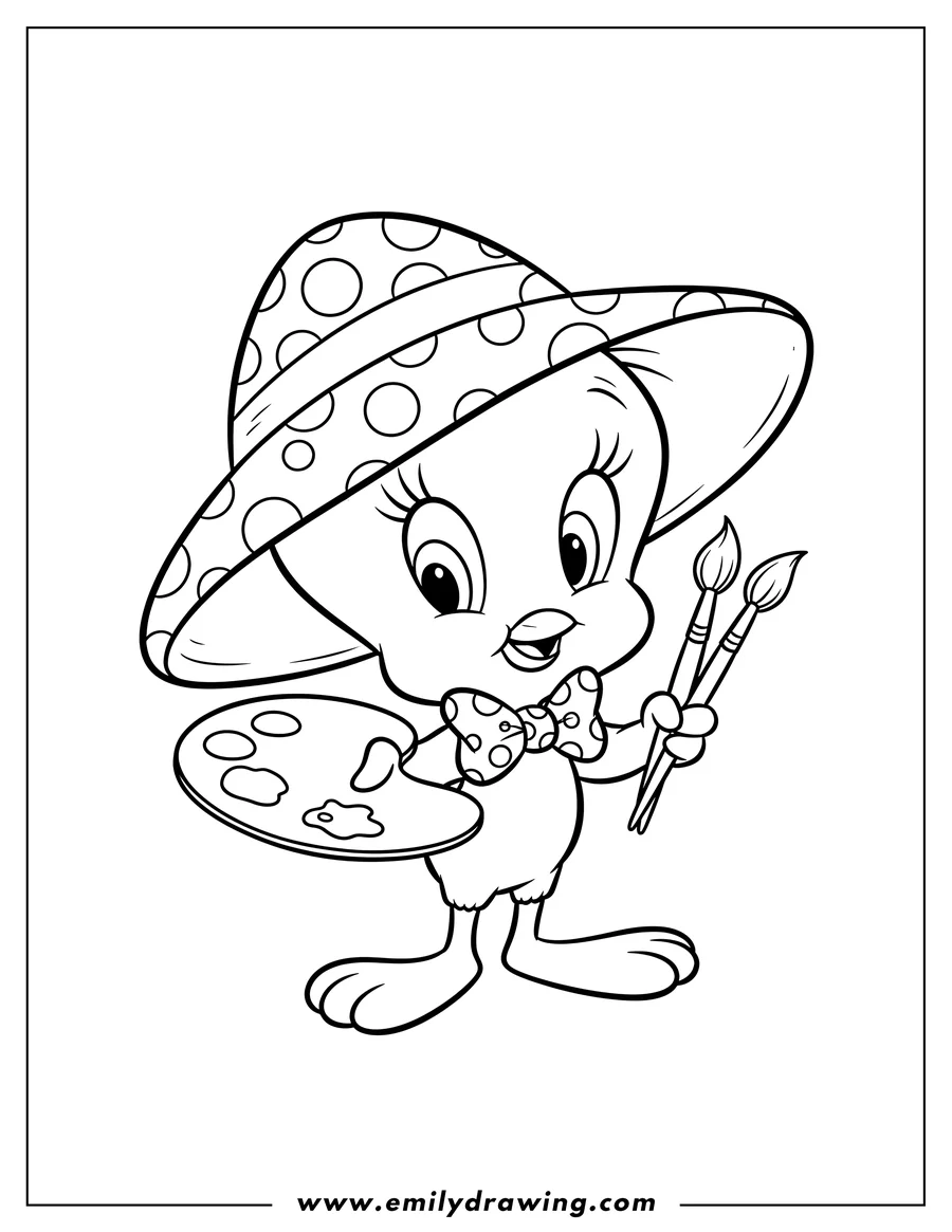 Simple sketch of painter Tweety Bird wearing a polka-dotted hat and bow, holding brushes and a palette to color