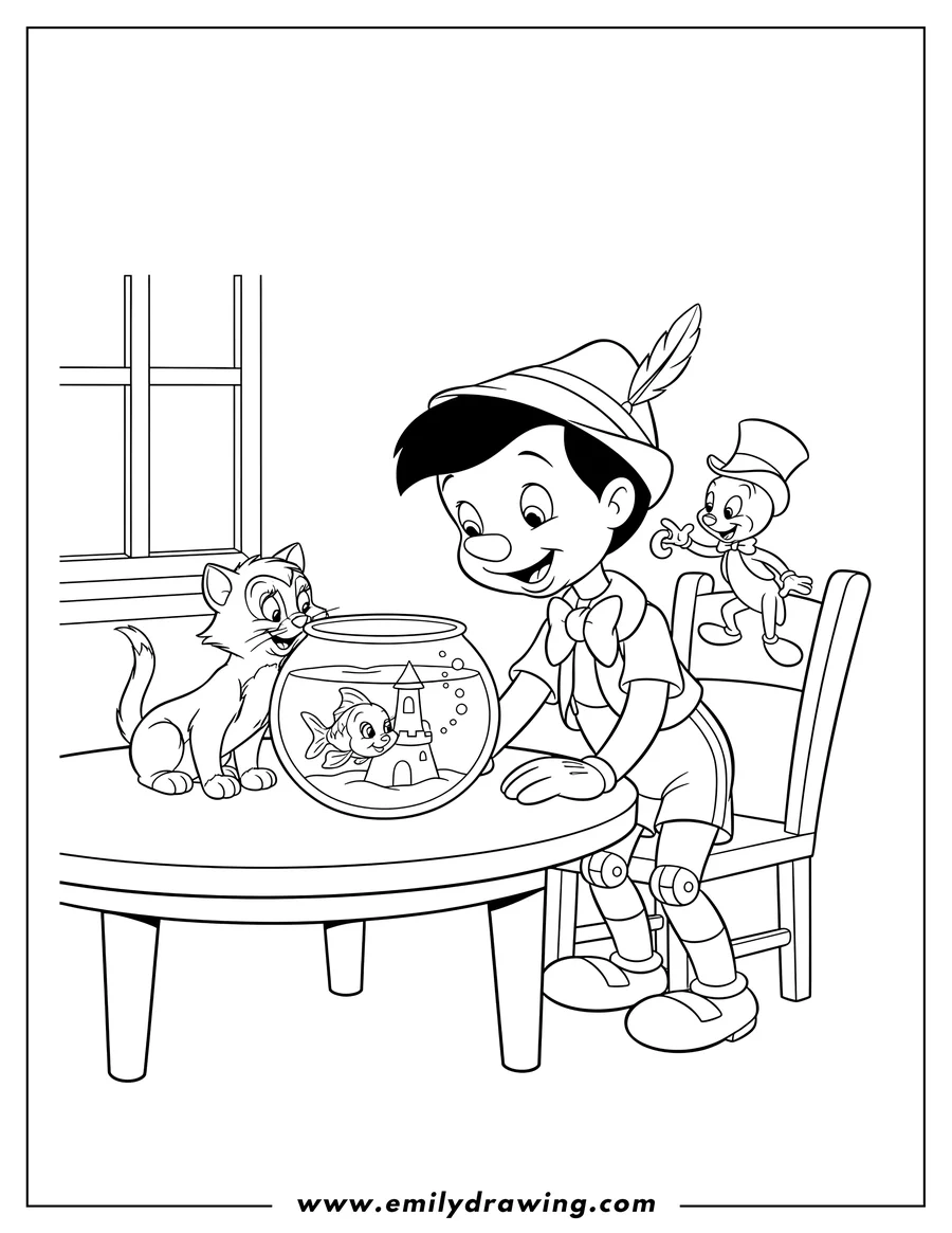 Downloadable coloring page of pinocchio, Figaro, and Jiminy Cricket watching Cleo play in her fishbowl with a sandcastle on a table