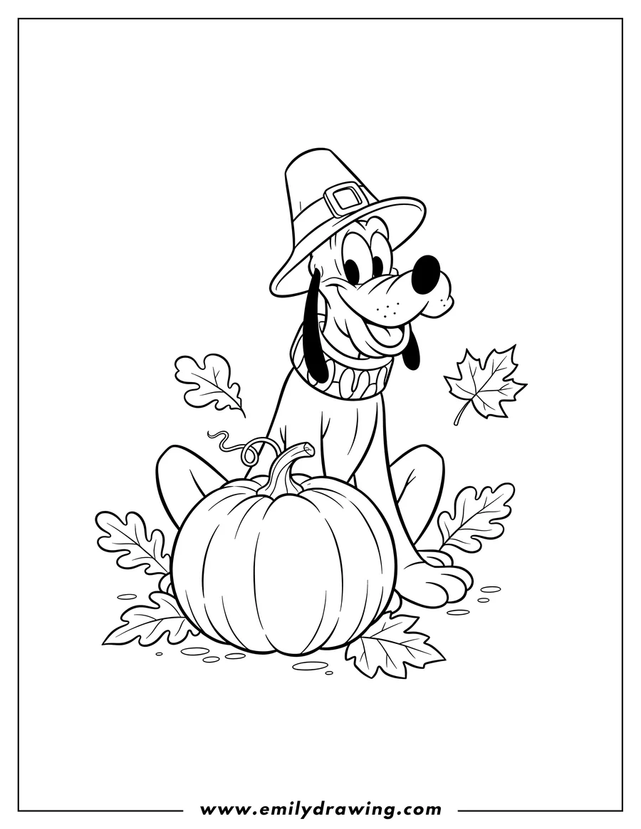 PDF style coloring page: pluto wearing a pilgrim's hat and collar, sitting with a pumpkin and fall leaves