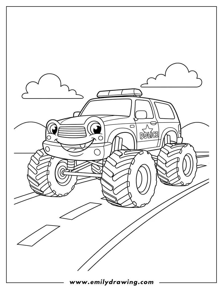 Printable line art of police Monster Truck with large wheels on a road