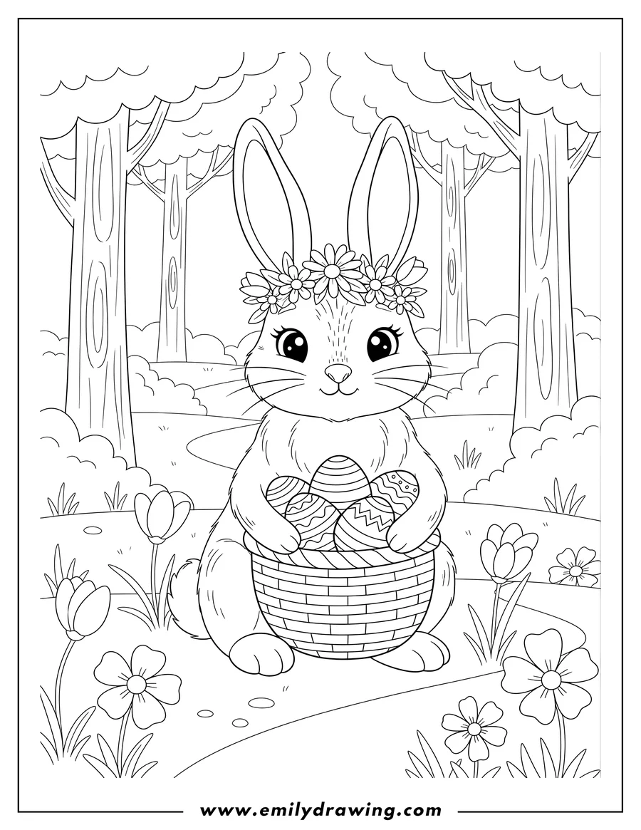 PDF style coloring page: pretty Easter Bunny sitting with a Flower Crown, holding a basket full of eggs in a forest