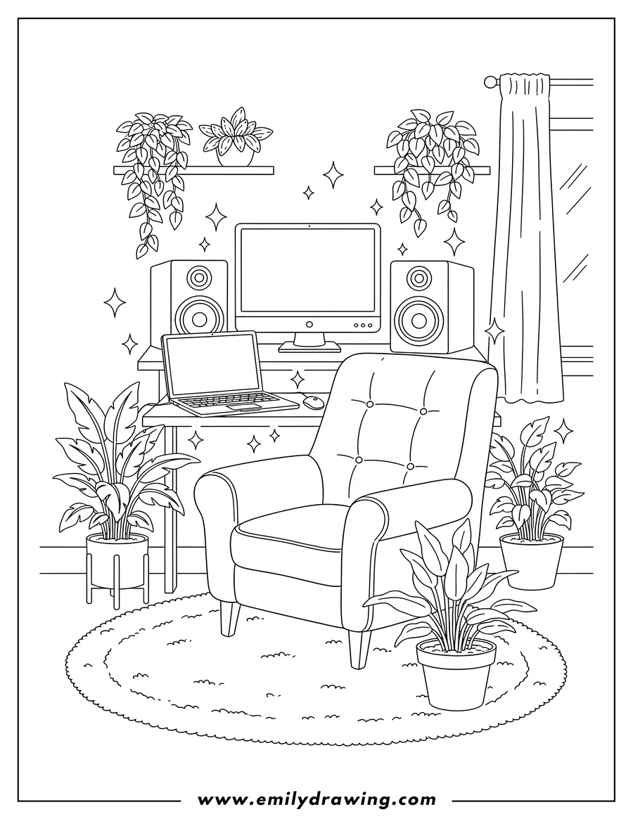 Downloadable coloring page of pretty Lofi Office With Plants, Computer, Stereo System, Laptop, And Sparkles