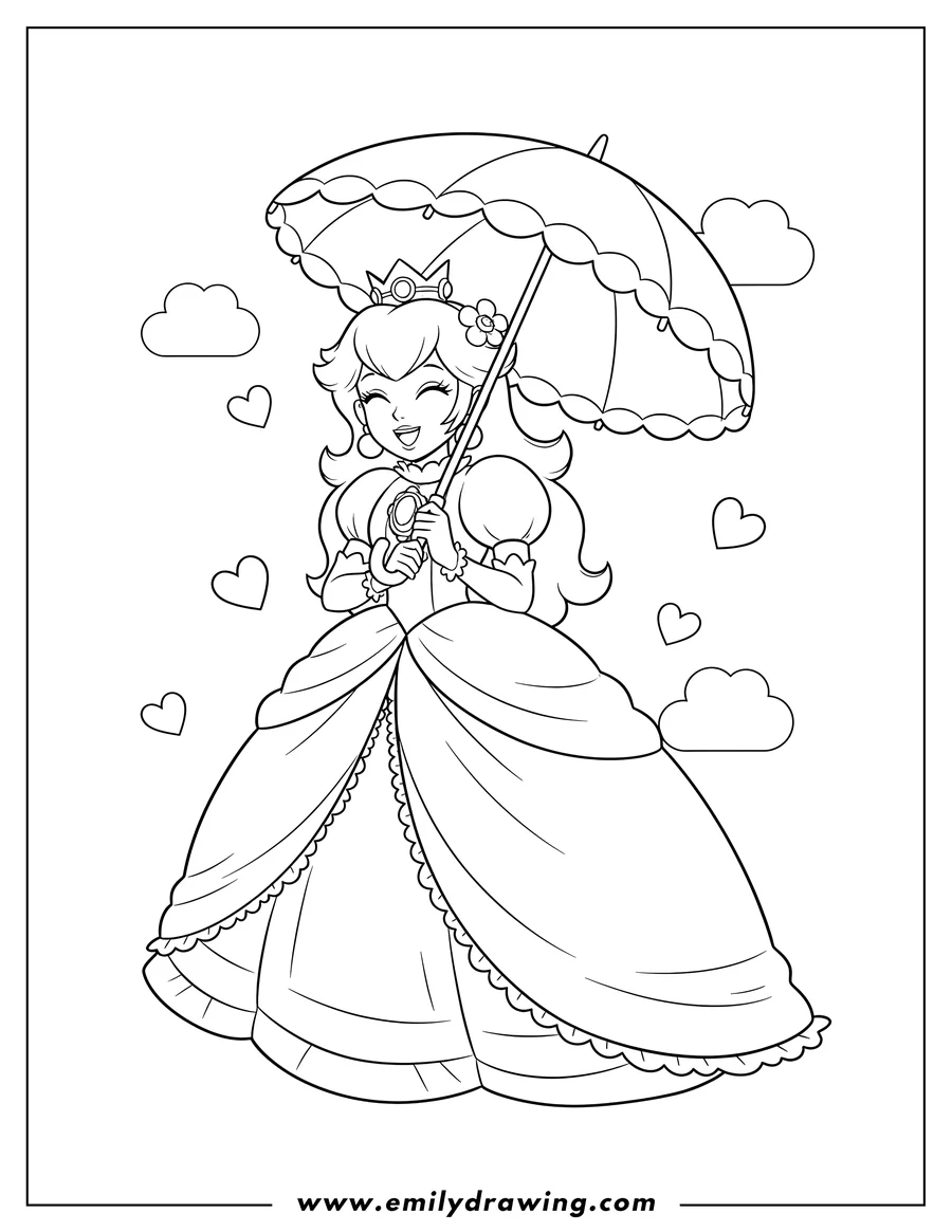 Free printable coloring sheet of princess Peach smiling and wearing a crown while holding an umbrella