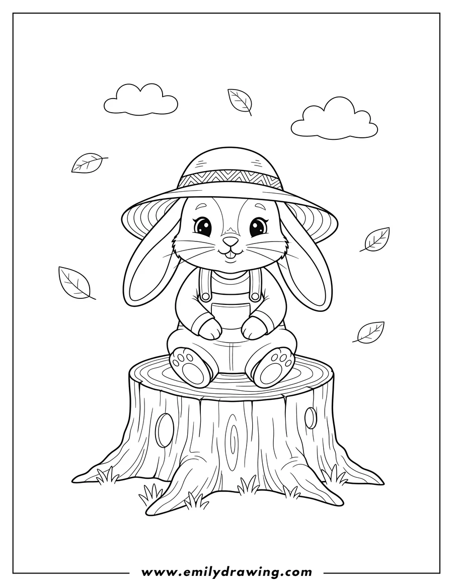 Simple sketch of rabbit wearing a wide-brimmed hat, sitting on a tree stump, looking forward to color