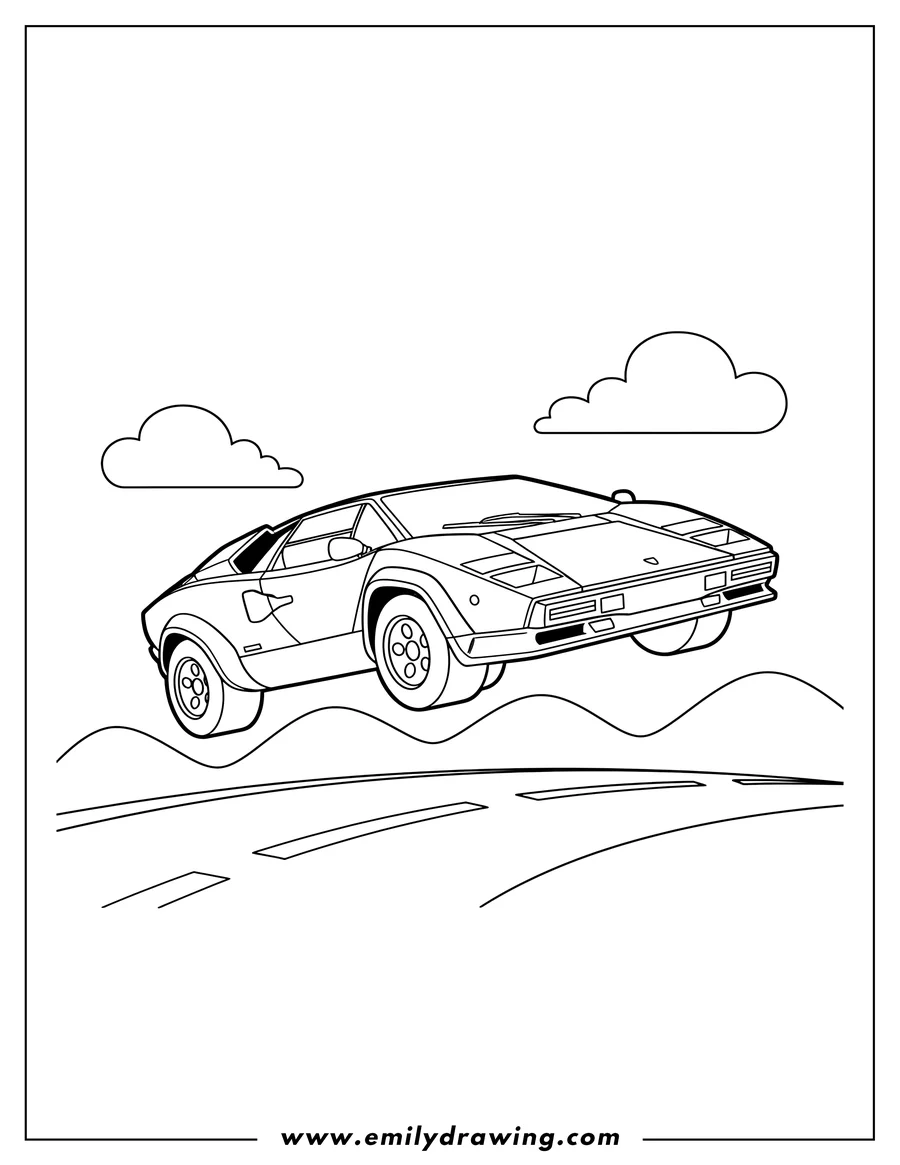 Coloring sheet featuring retro Lamborghini Countach Scaled, jumping over a road