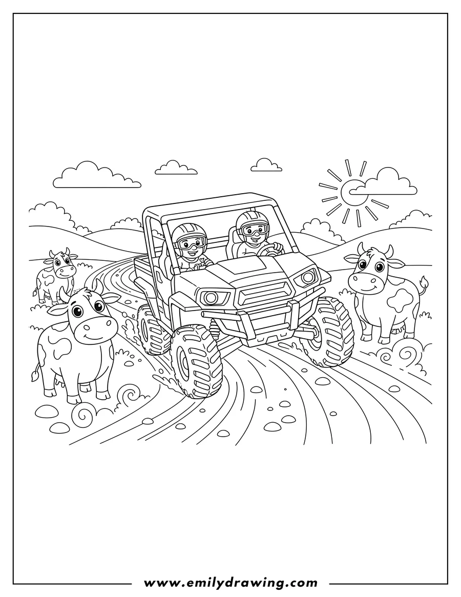 Coloring page for kids: rugged Off Road Utv driving on a dirt path with cartoon cows looking at the viewer