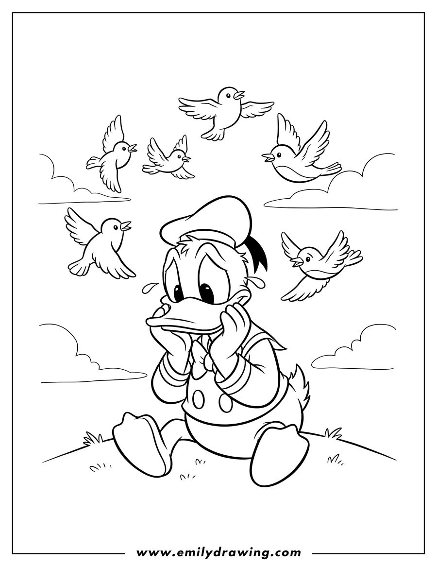 Black and white line art of sad Donald Duck sitting with birds flying