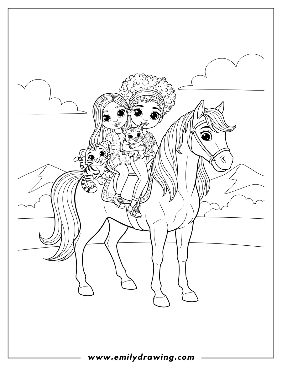 Printable line art of barbie Version Polly Pocket Shani And Lila with a horse, a kitten, and a tiger cub