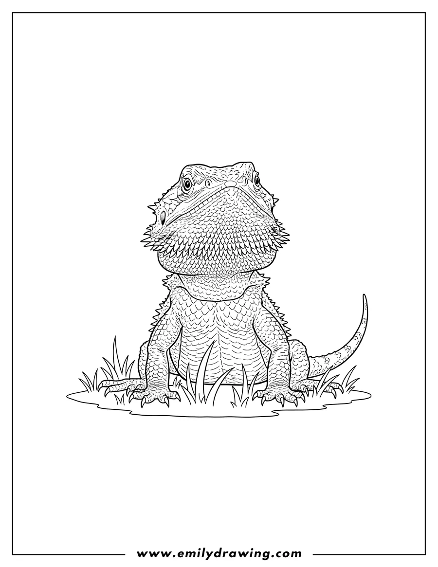 Outline drawing of small Bearded Dragon standing on grass with its head up