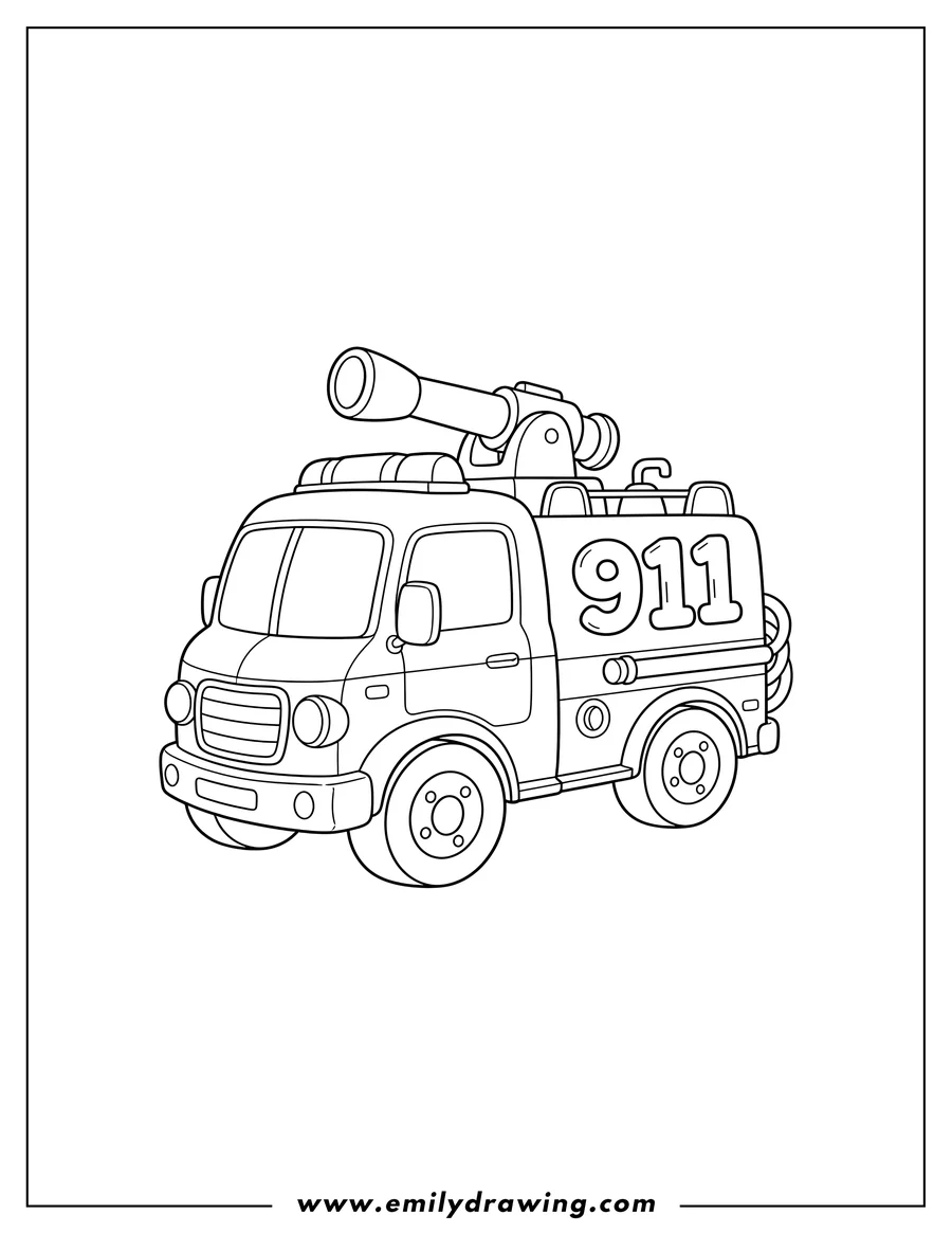 Downloadable coloring page of small Fire Truck Scaled, with '911' on the side, a water cannon, and emergency lights