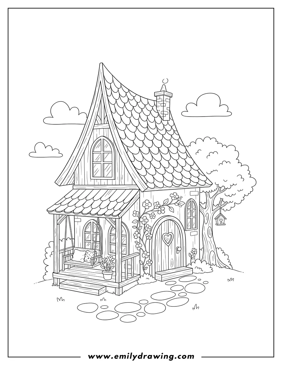 Full page coloring image of small House With Cottagecore Aesthetic, with a tiled roof, front porch, and stepping stones