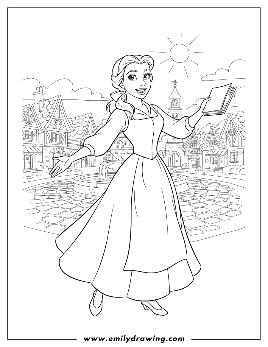 Black and white line art of smiling Belle in her peasant dress and apron, with outstretched arms, in her village to color