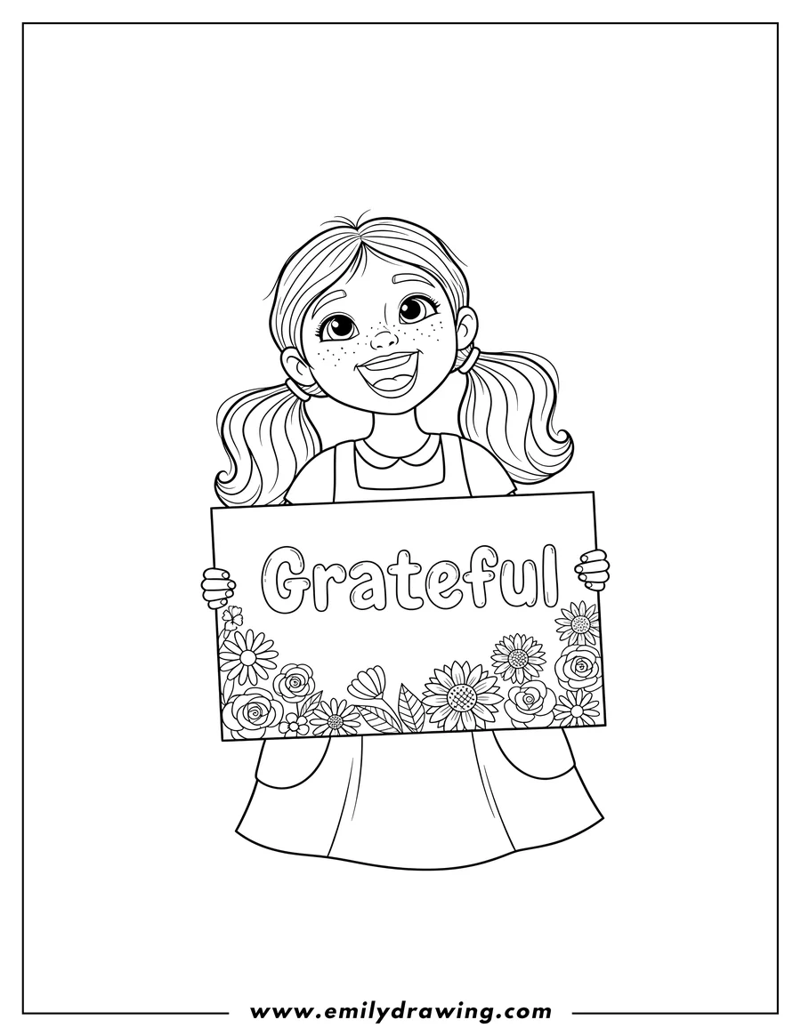 Printable coloring page of smiling freckled girl looking up, holding a 'Grateful' sign with flowers