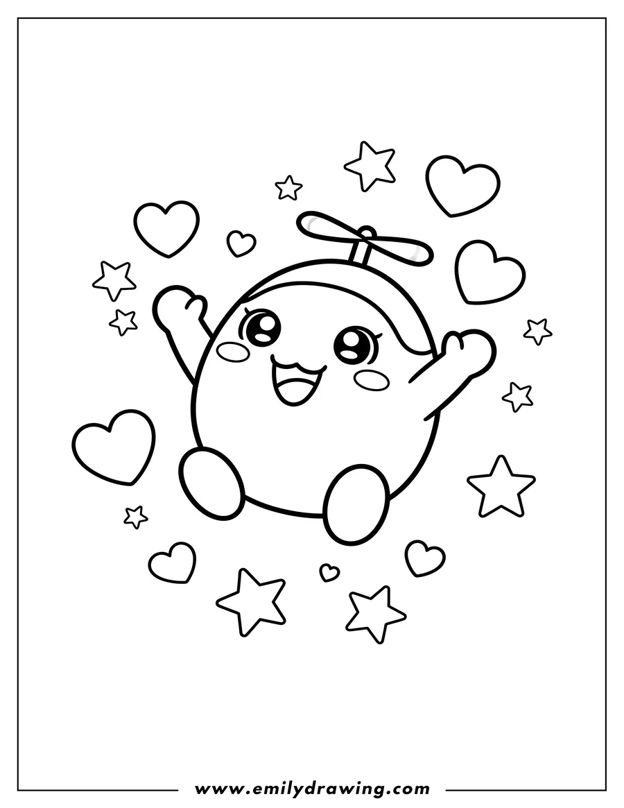 Doodle style coloring picture of smiling Mametchi waving and jumping with hearts and stars