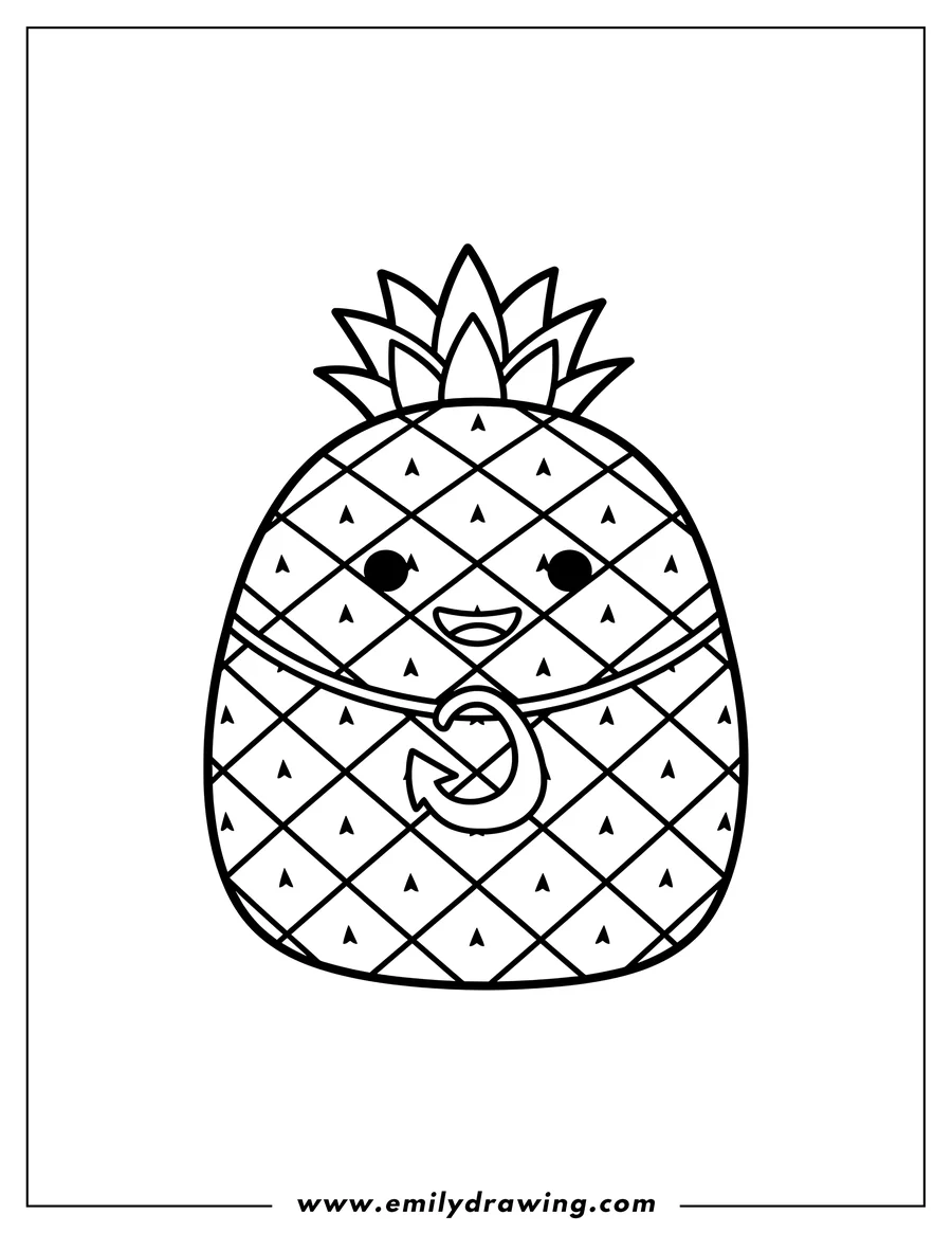 Printable line art of smiling Maui Pineapple Squishmallow with a diamond pattern