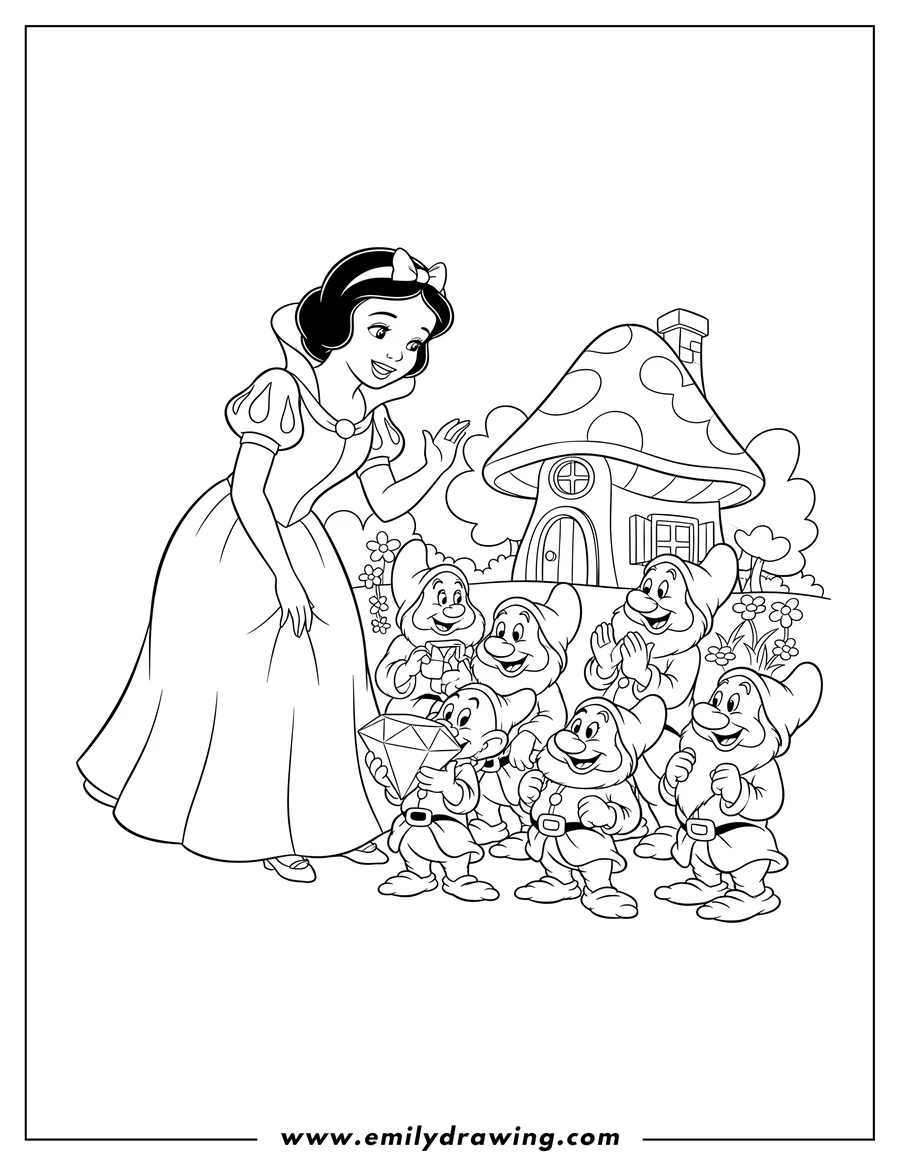 Black and white line art of snow White smiling and bending down to greet the happy Seven Dwarves