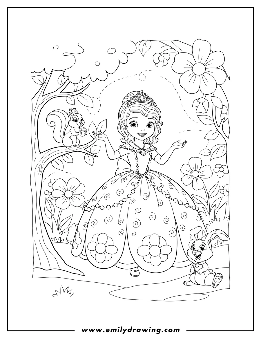 Free printable coloring sheet of sofia First Disney in her royal gown with her rabbit and squirrel friends