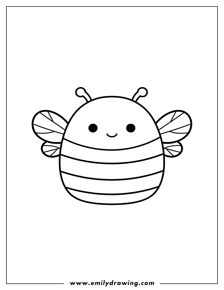 Coloring page of sunny Bee Squishmallow with a striped belly, smiling