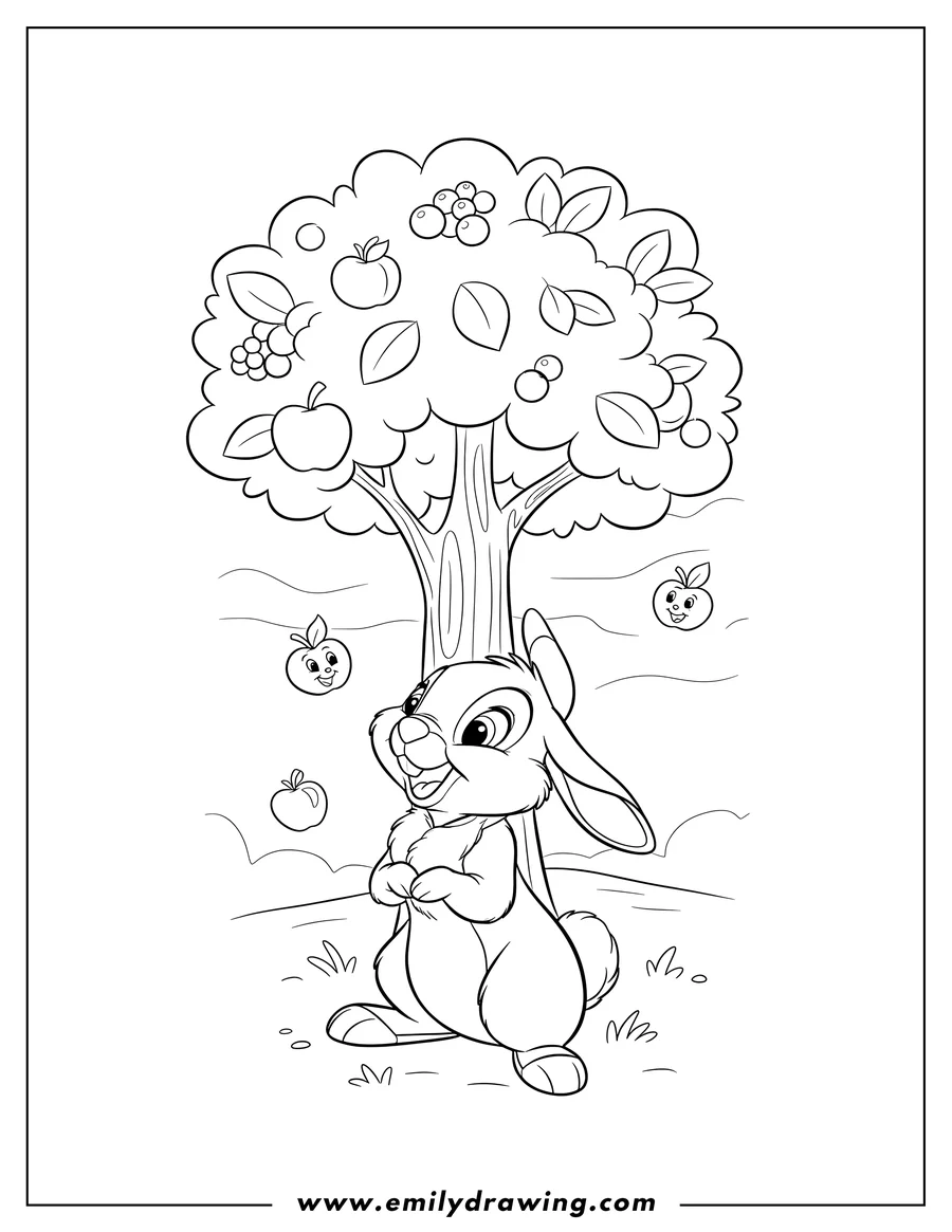 Doodle style coloring picture of thumper Rabbit looking up cheerfully at a fruit tree
