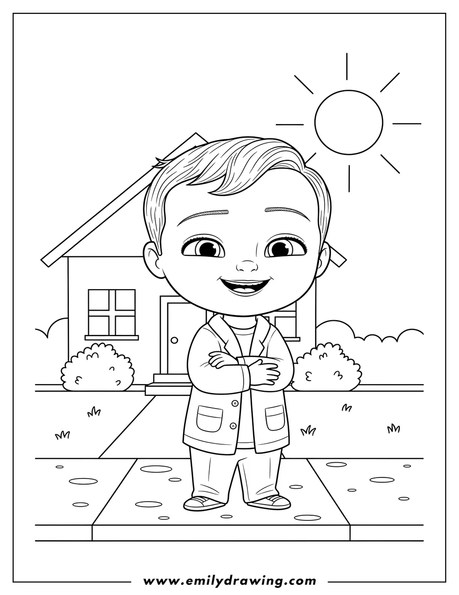 Clean line drawing: cute Tim Templeton smiling in a jacket with one arm holding the other on a sidewalk