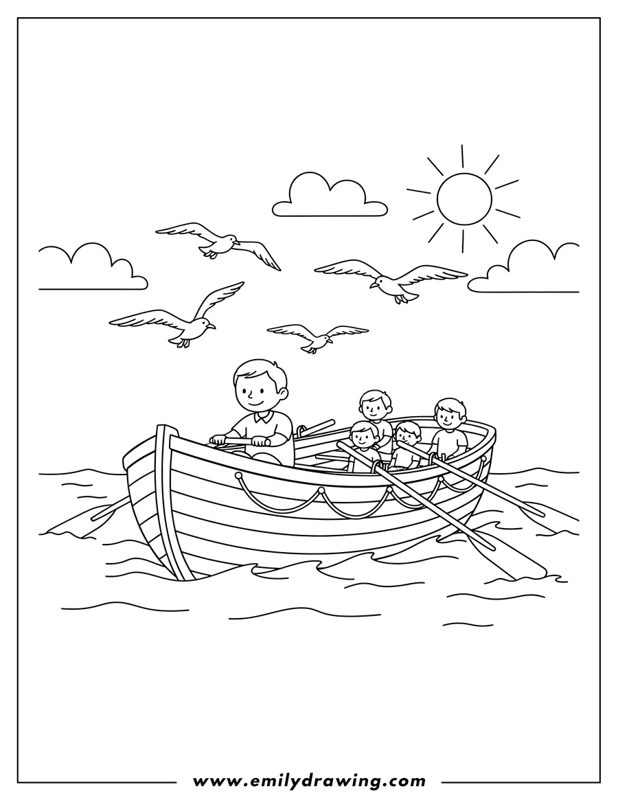 Coloring sheet featuring titanic Lifeboat with Oars and Flying Seagulls to Color
