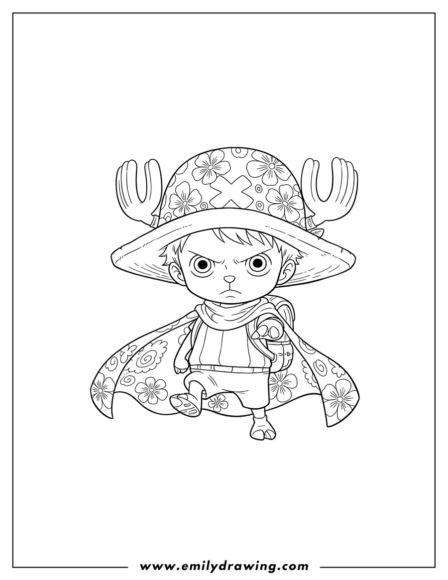 Full page coloring image of tony Tony Chopper Preschoolers wearing a flowered hat and cape, looking determined