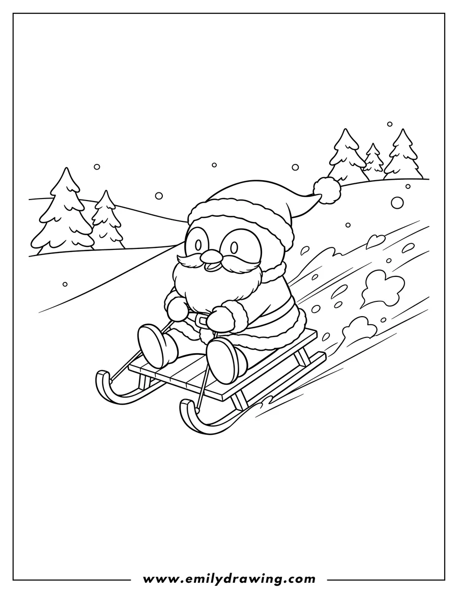 High quality printable tuxedo Sam dressed as Santa, sledding in winter, holding sled handles for coloring