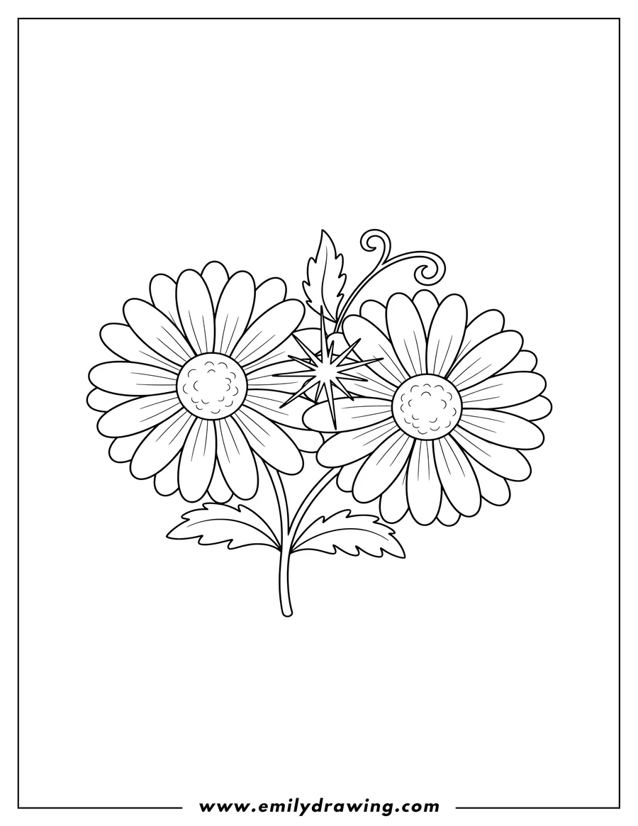 Downloadable coloring page of two Daisies Touching Petals with a glowing spark where they meet