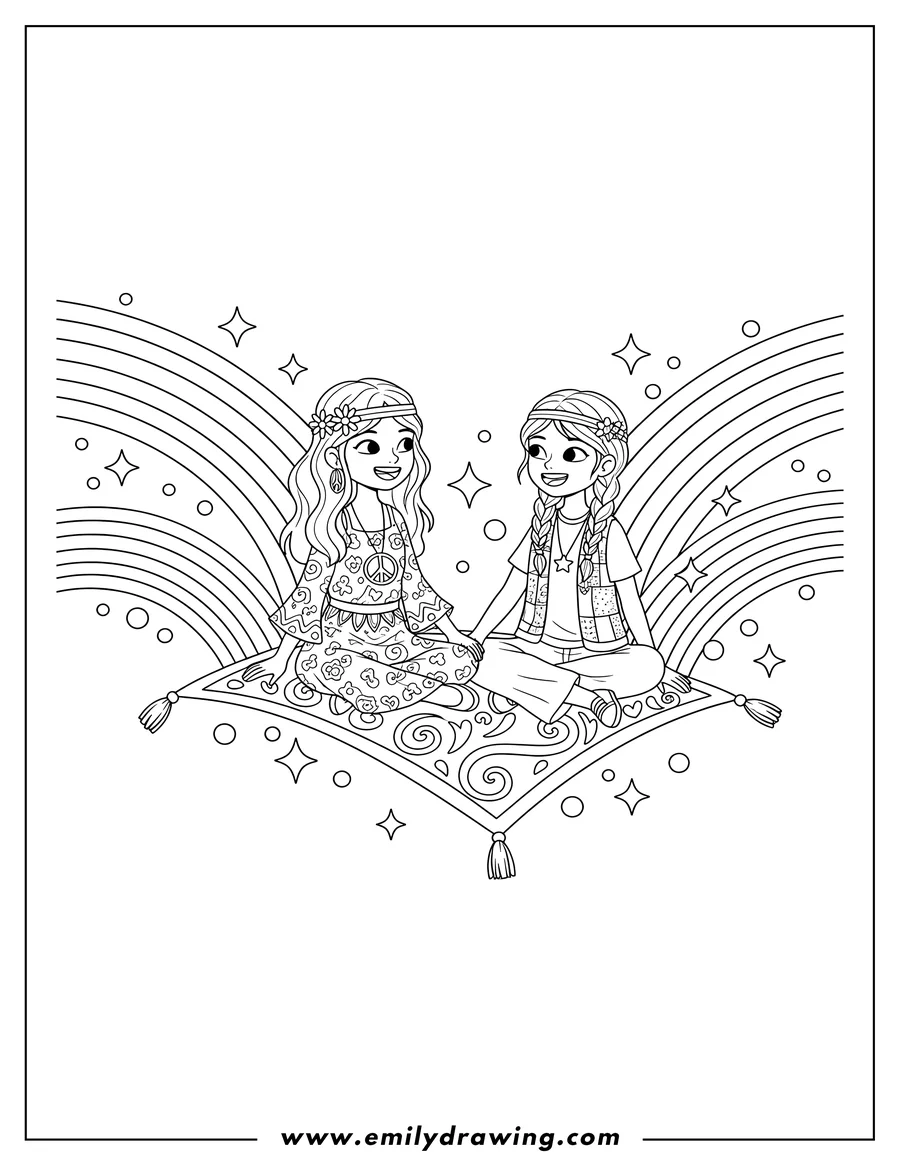 Coloring sheet featuring two Hippie Girls sitting on a Flying Carpet, holding hands, with Rainbows and Sparkles