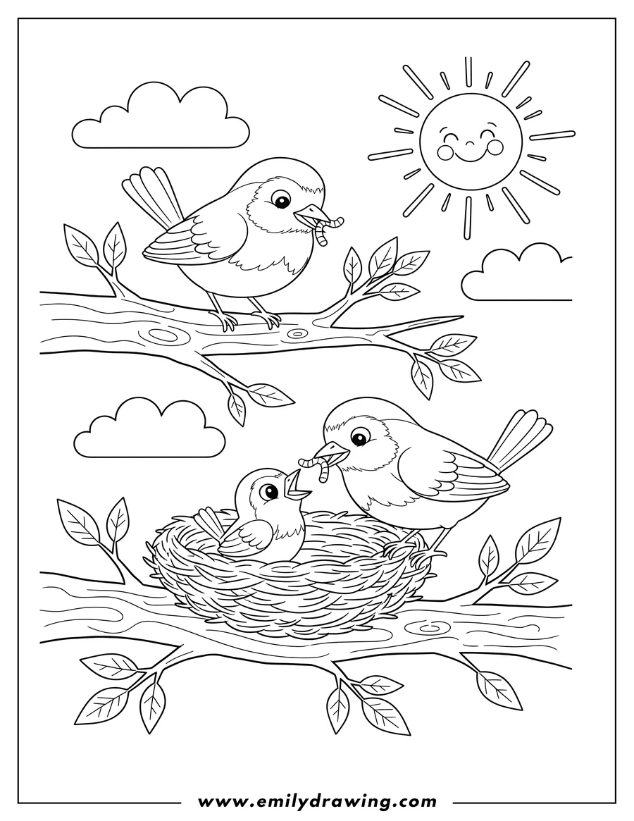 Coloring sheet featuring two parent robins, one perched on the nest edge and the other on a branch above, feeding a chick in a nest on a sunny day