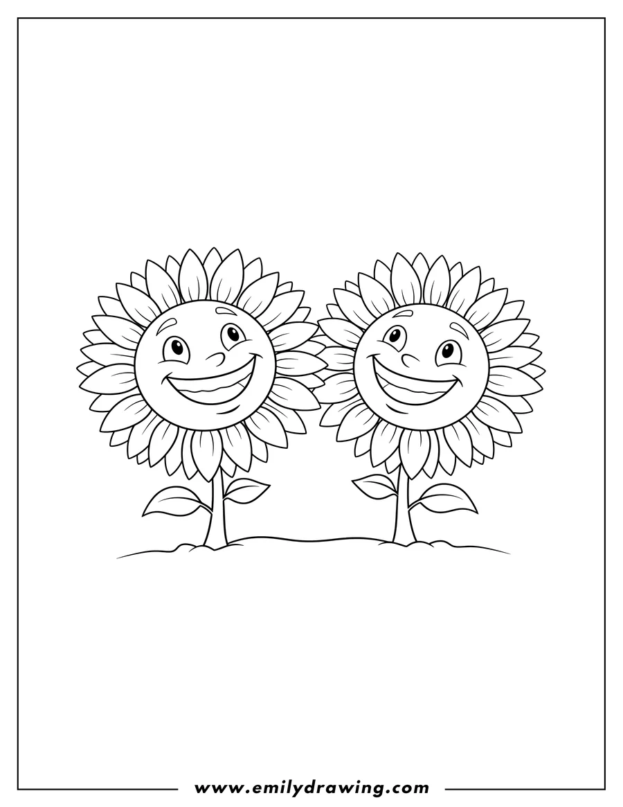 Vector style outline of two smiling Sunflowers From Plants Vs Zombies