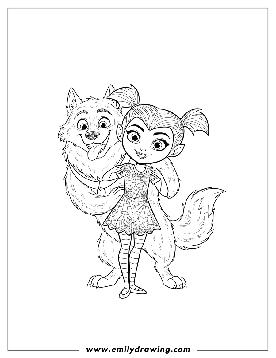Printable line art of vampirina smiling, with her arm around a fluffy Wolfie
