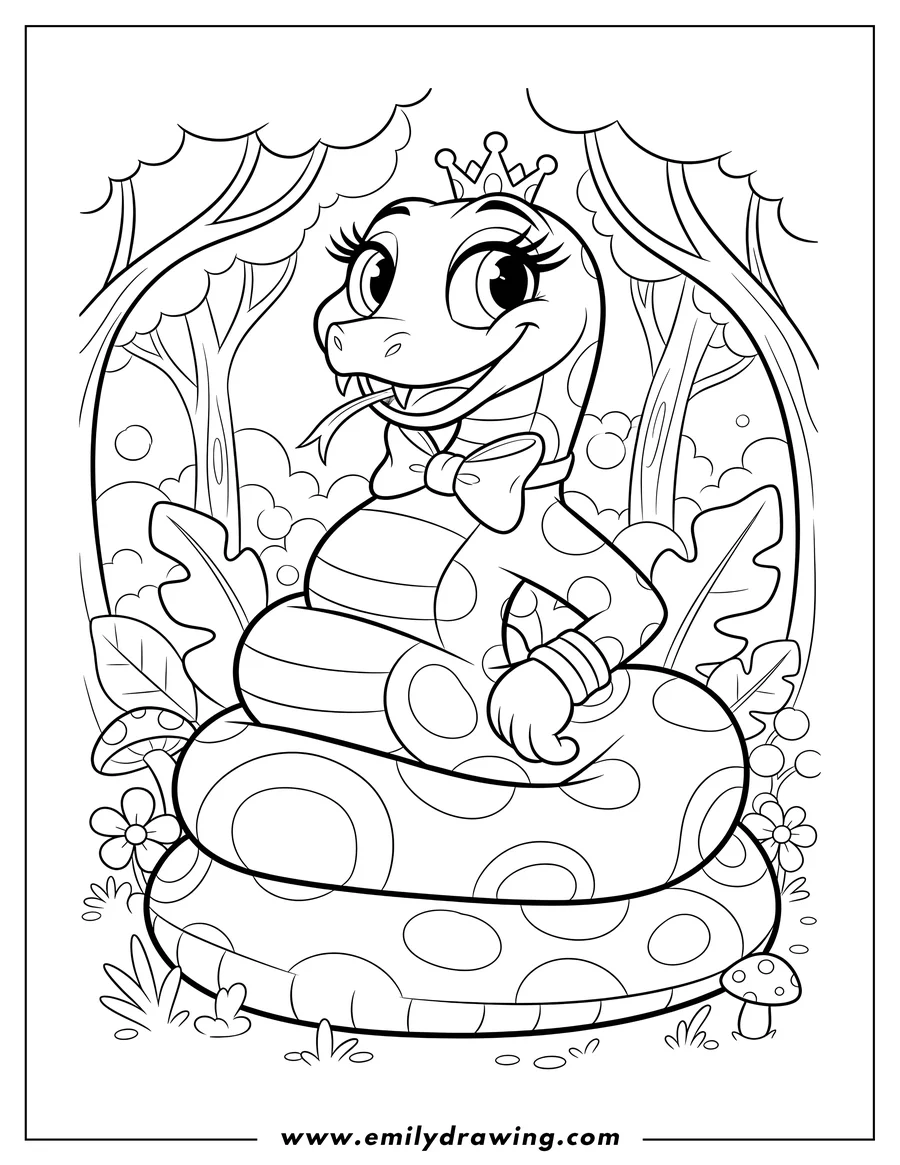 Free printable coloring sheet of viper Forest, sassy cartoon snake, coiled
