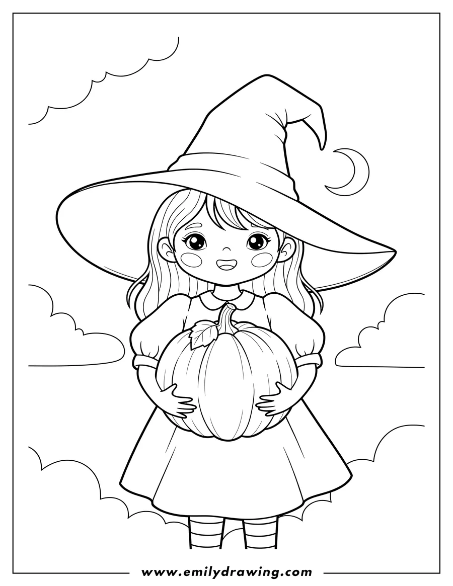 Black and white line art of young Witch wearing a large pointy hat and holding a pumpkin in front of her