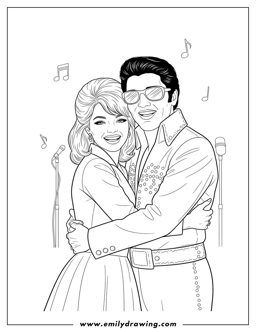 Outline drawing of priscilla Presley with Elvis Presley, both smiling and embracing, Elvis in sunglasses