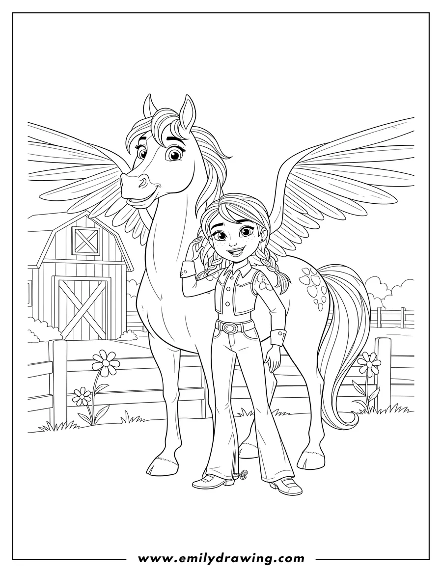 Printable line art of pru And Chica Linda Scaled, standing together, with Pru smiling