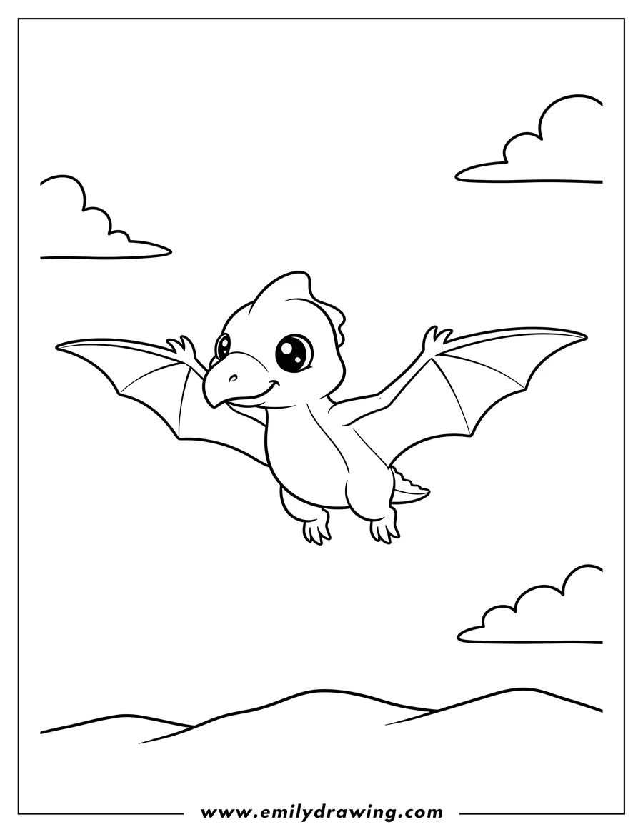 Printable line art of kawaii Pterodactyl flying with outstretched wings and prominent claws
