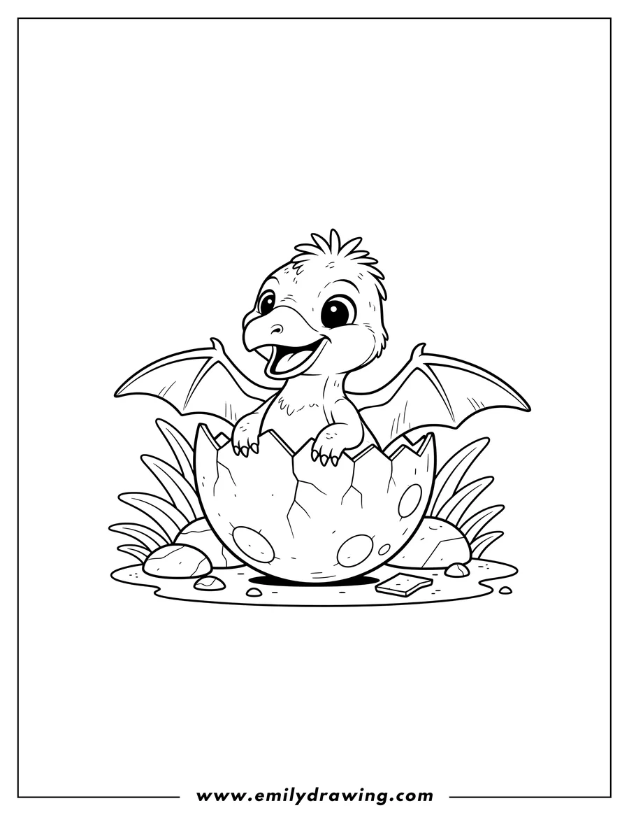 High quality printable pterodactyl Hatchling hatching from an egg for coloring