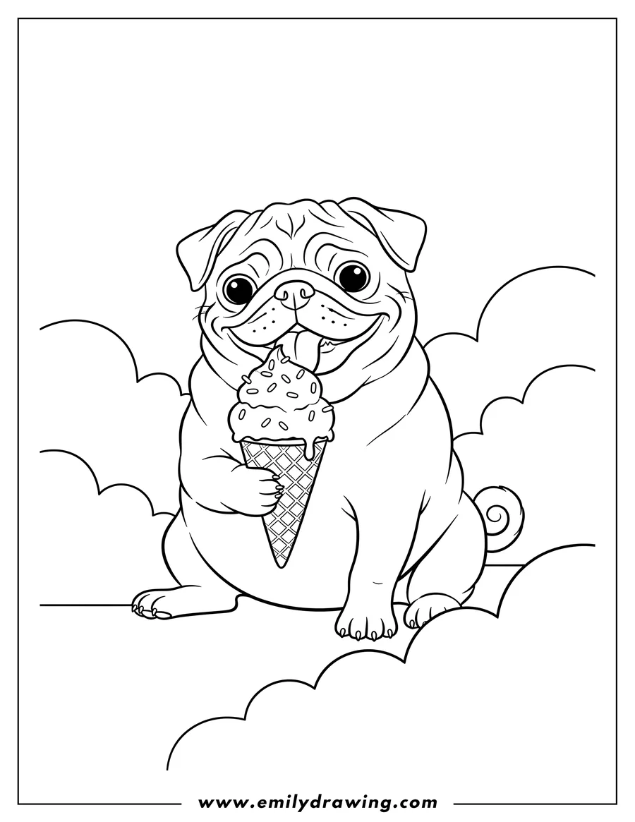 Downloadable coloring page of sitting Pug Licking Sprinkled Ice Cream Cone in Clouds