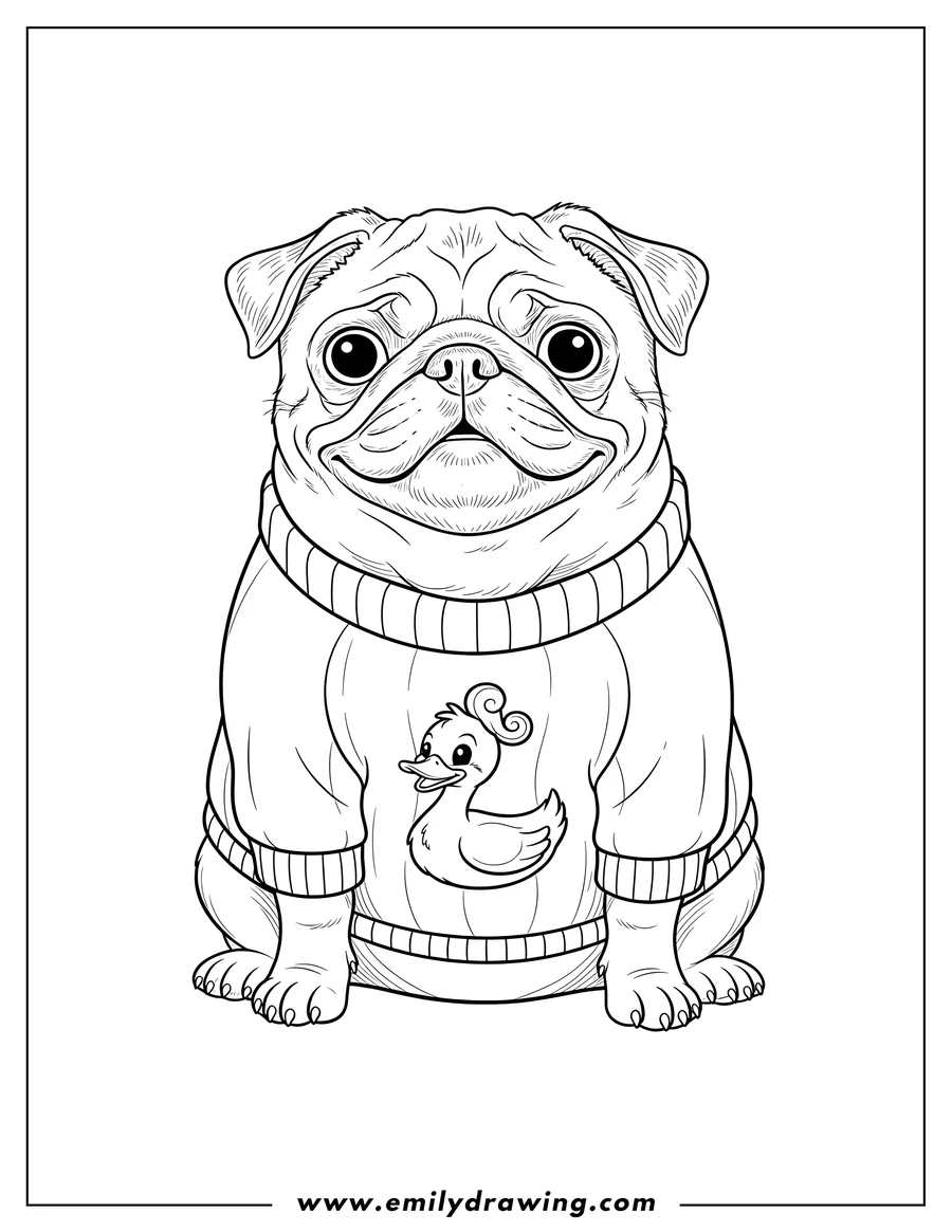 Black and white line art of cute Pug sitting wearing a sweater with a duck graphic