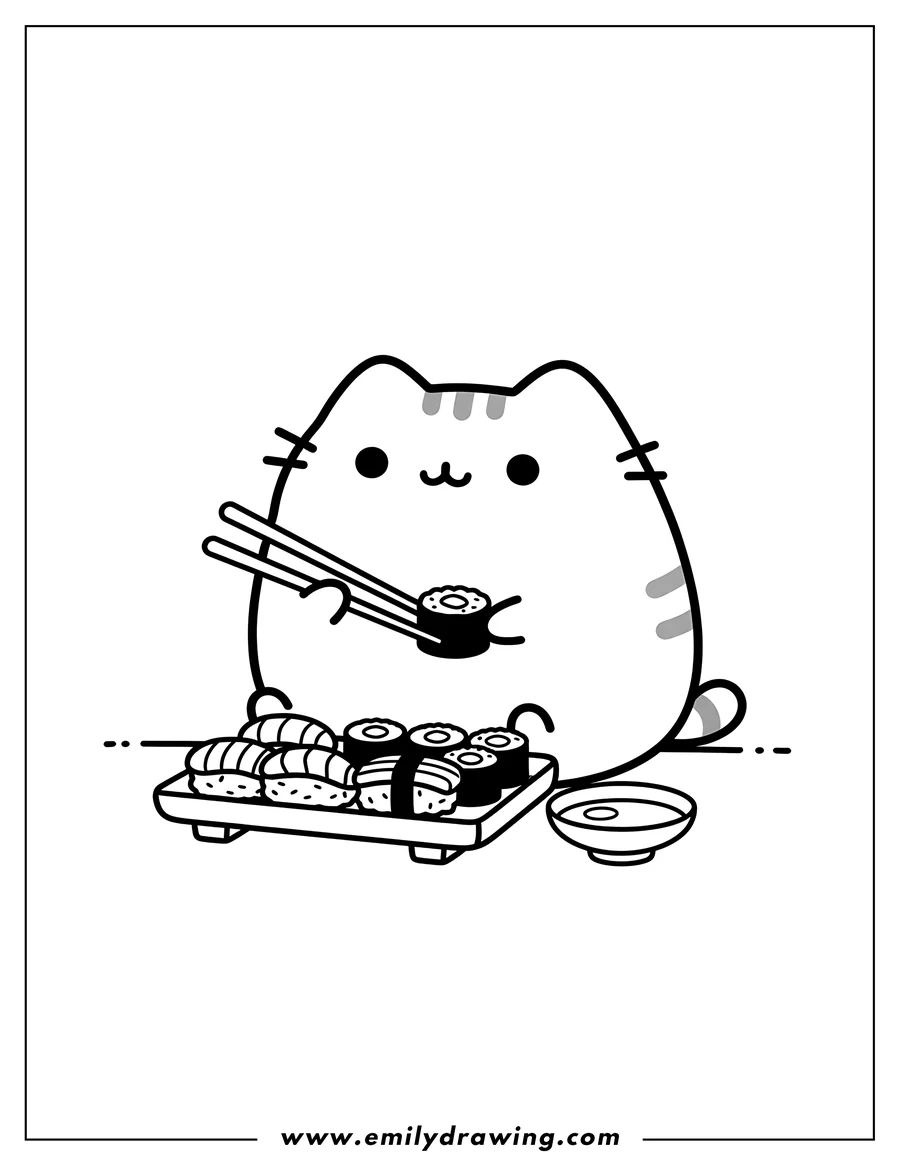 Outline drawing of kawaii Pusheen eating sushi with chopsticks from a tray