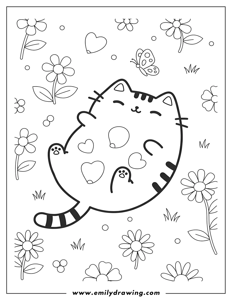 Linear illustration of pusheen lying on her back in a field of flowers, with petals on her body and a butterfly flying