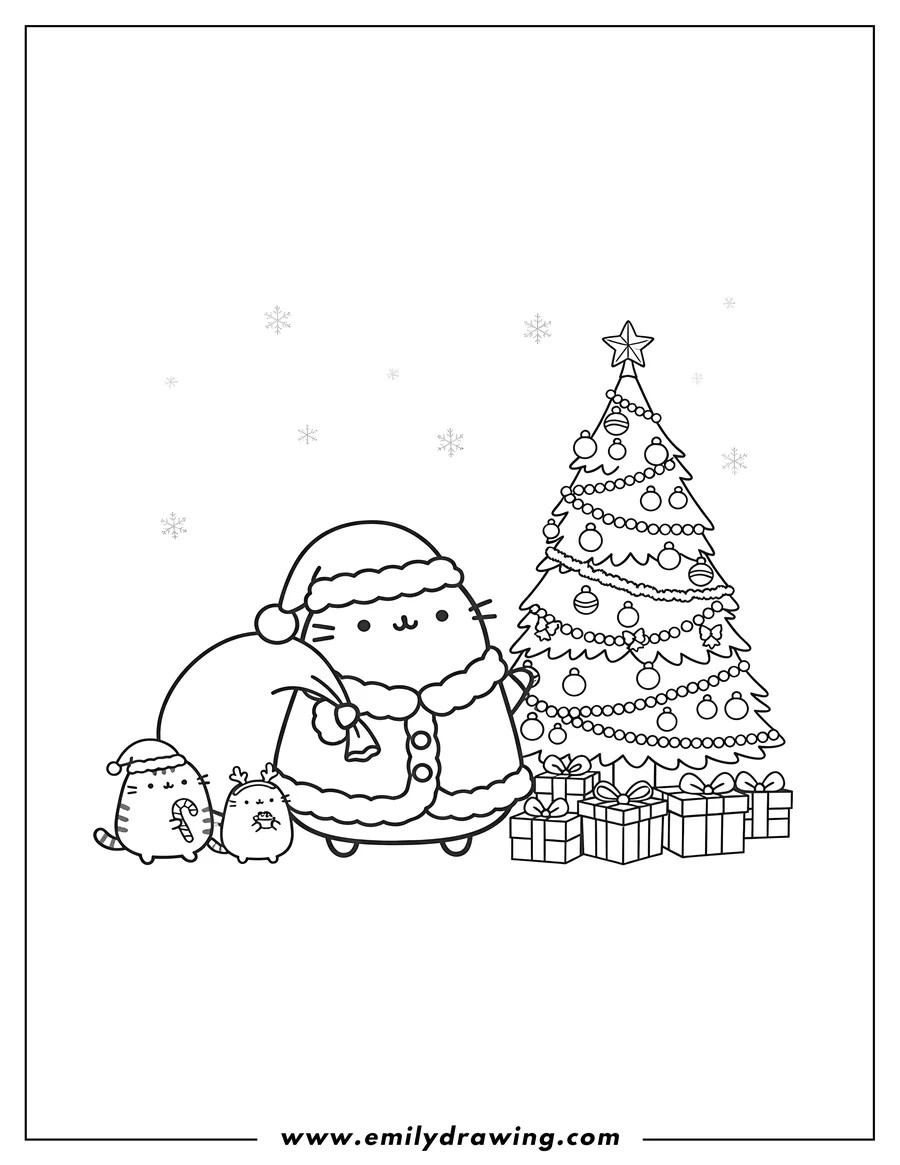 PDF style coloring page: pusheen Merry Christmas Scaled with friends, a decorated Christmas tree, and gifts