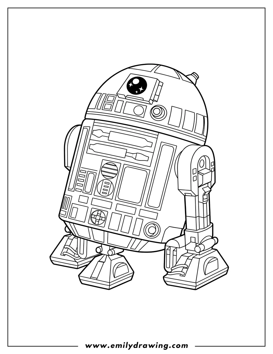 Outline drawing of kawaii R2 D2 standing coloring page