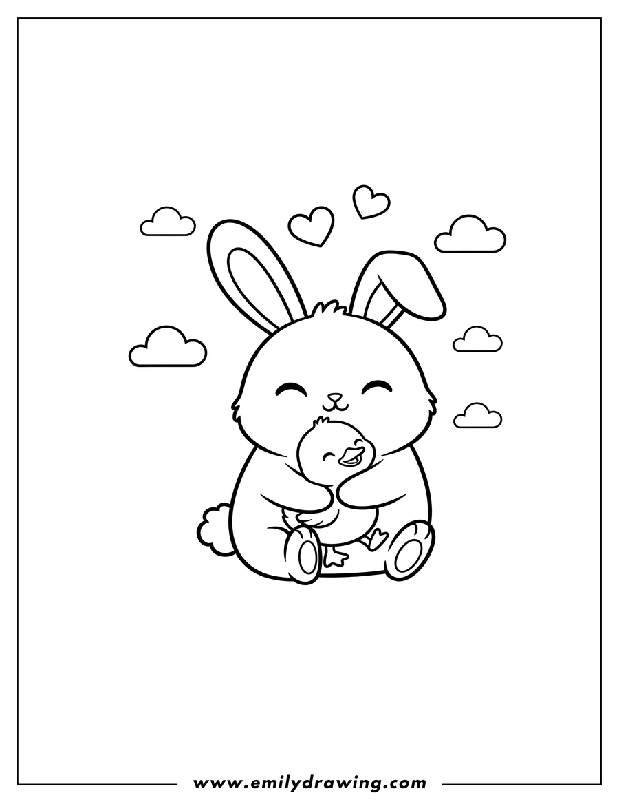 High quality printable kawaii happy rabbit with closed eyes hugging a happy duckling for coloring