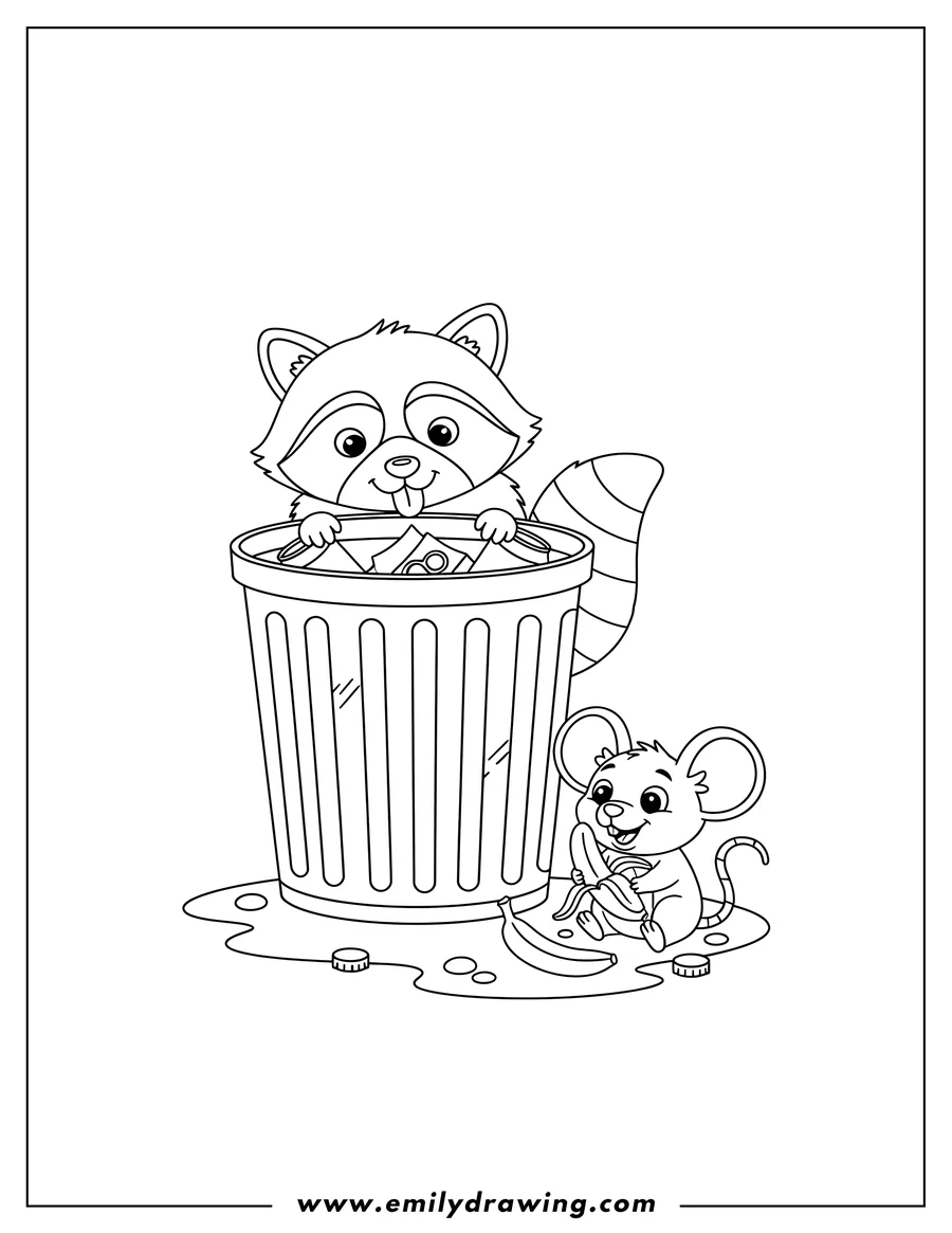 Printable line art of raccoon with tongue out peeking out trash bin at a happy mouse near a banana peel