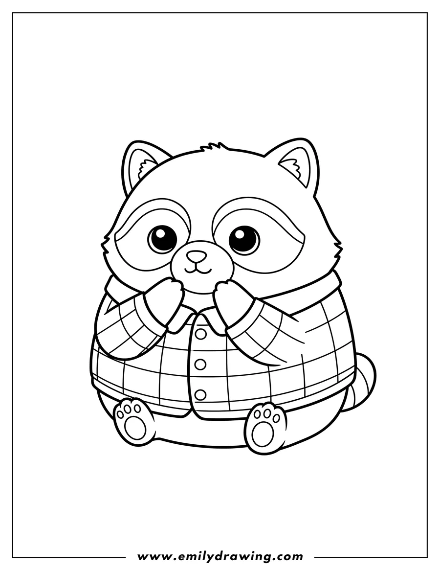 Clean line drawing: kawaii Raccoon plush toy, wearing a plaid jacket, sitting with paws near its face