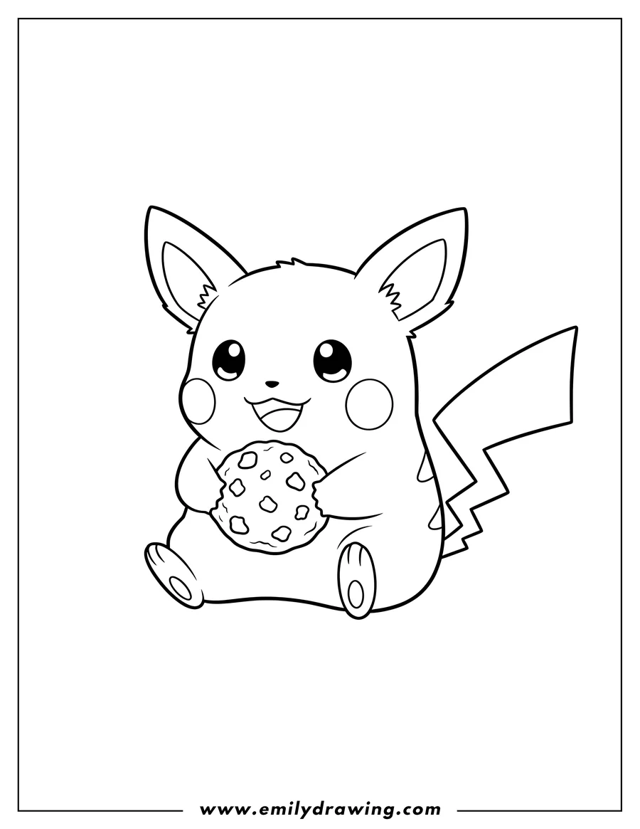 Vector style outline of kawaii Raichu sitting and holding a cookie