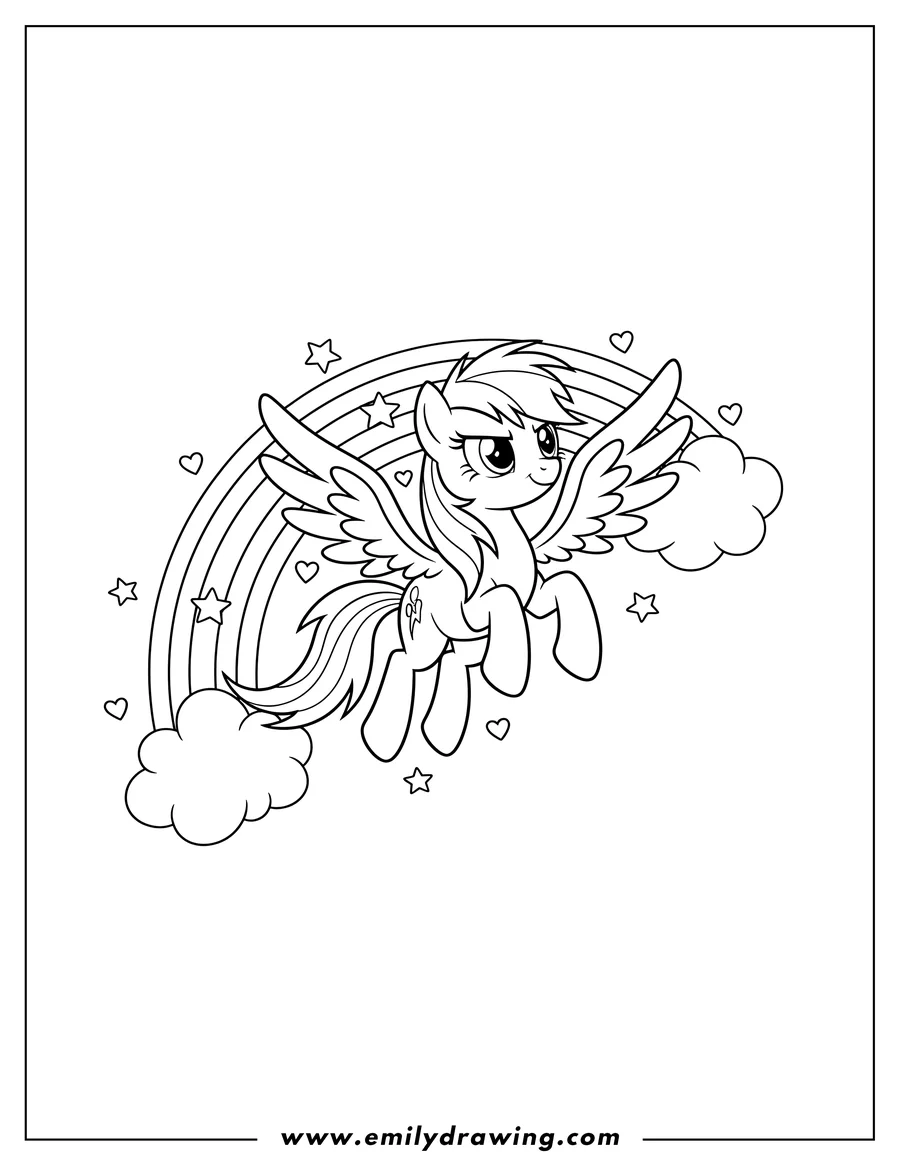Full page coloring image of kawaii Rainbow Dash Outline, flying with a confident smirk